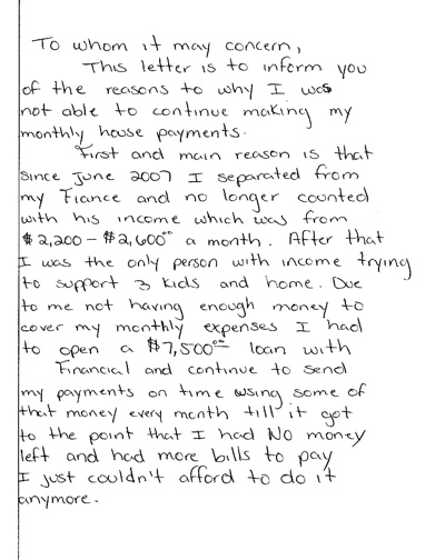 hardship letter to Countrywide Mortgage company